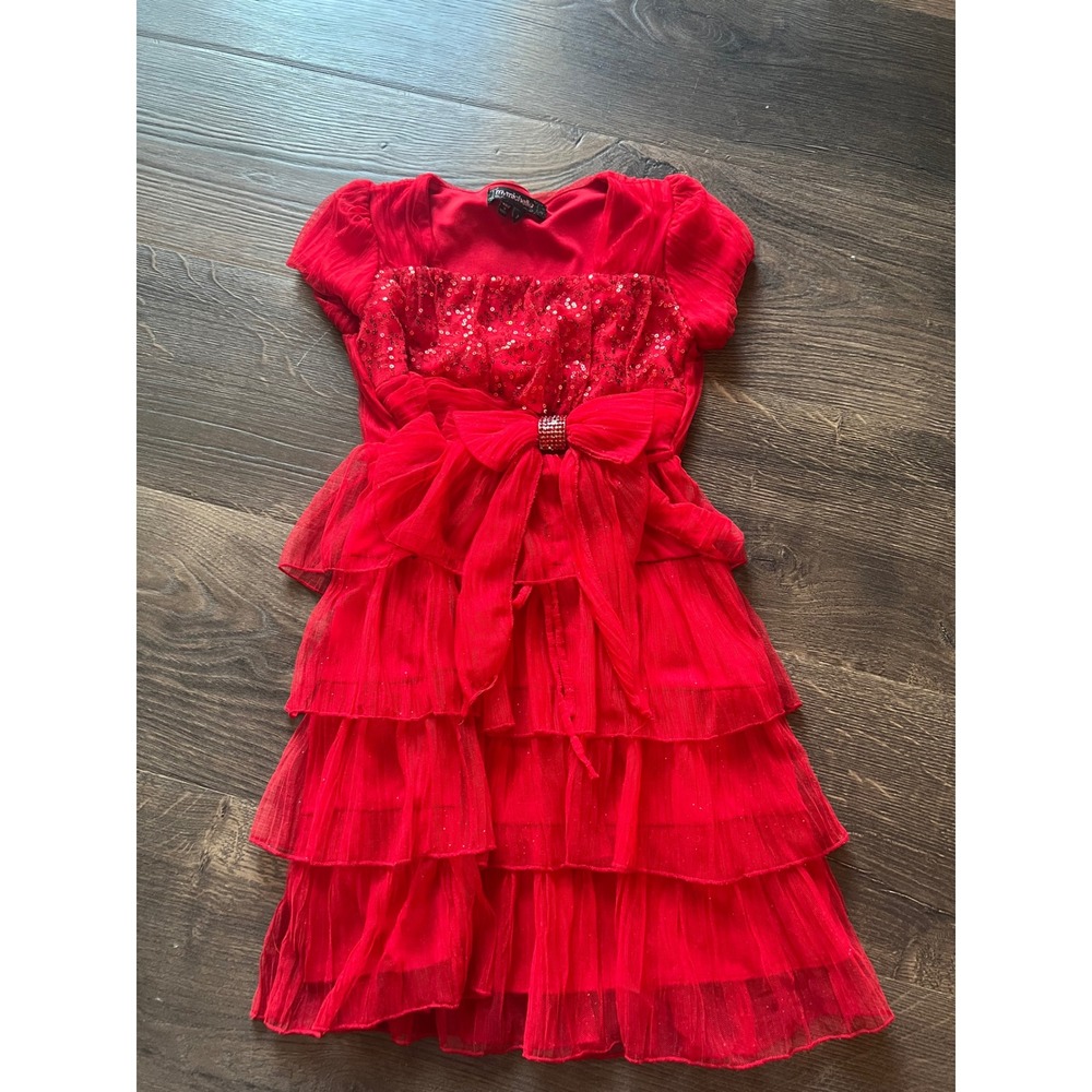 My Michelle Girls Red Sequin Tiered Tulle Party Dress Size 7 Holiday Wedding